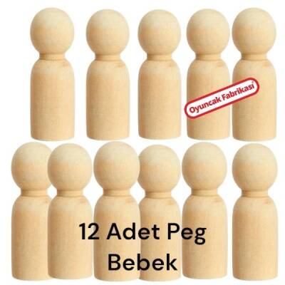 Ahşap 12 Adet Boyanabilir Naturel Peg Bebek Seti - 1